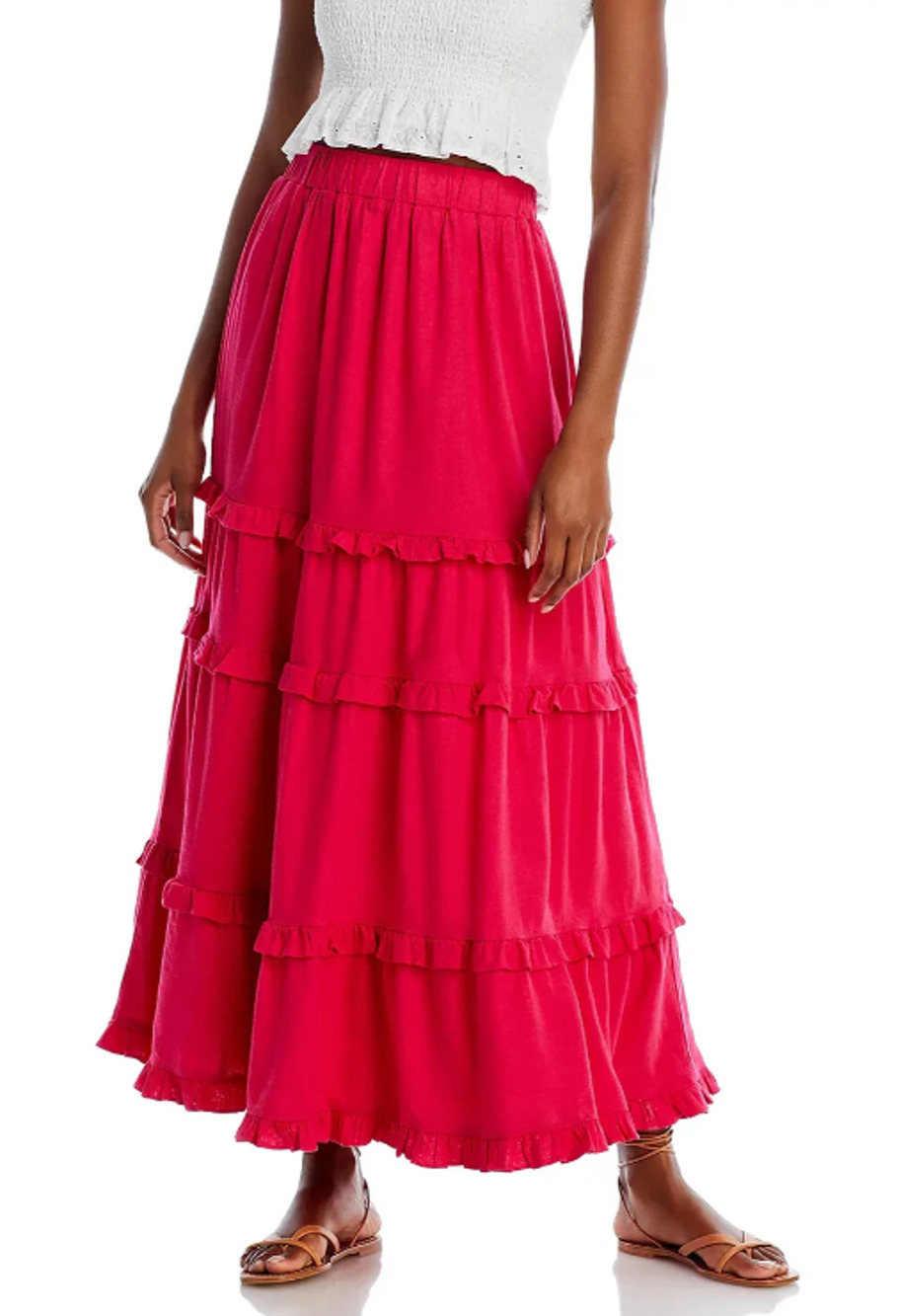 CUPIO WOMENS SIZE XLARGE RUFFLE TIERED LINED MAXI SKIRT BRIGHT ROSE PINK NEW